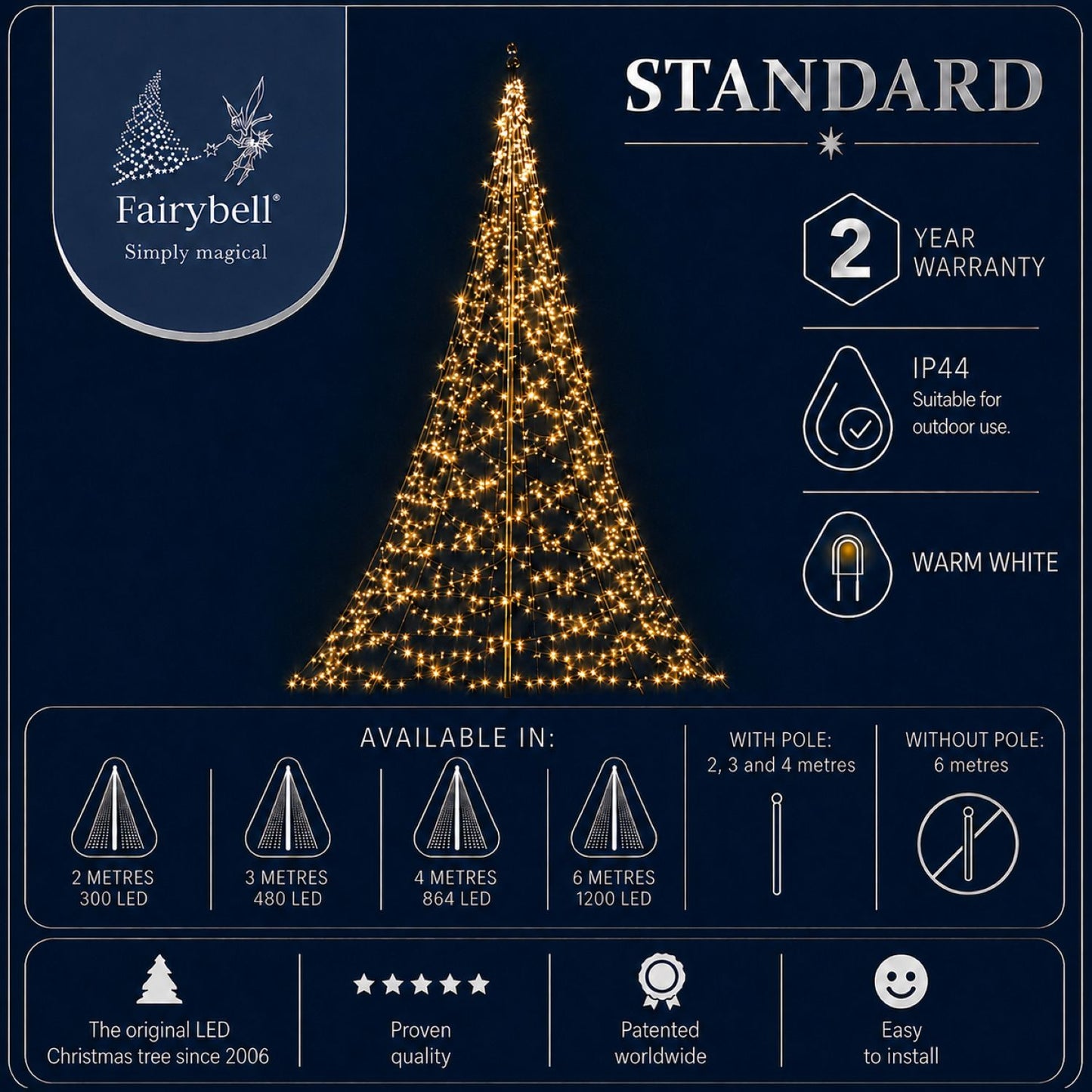 Fairybell Standard | 2 metres | 300 LED lights | Includes pole | Warm white |