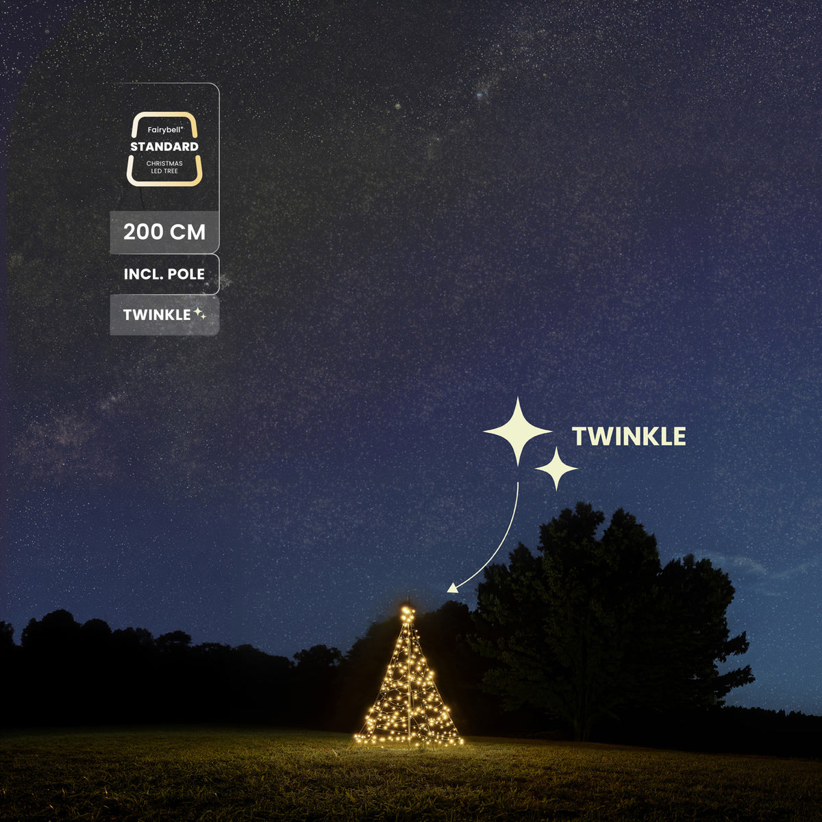 Etykiety produktu 200 cm, z masztem i Twinkle przy Fairybell Standard 2 m Twinkle w nocnym krajobrazie