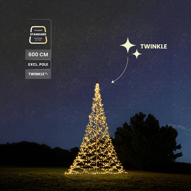 Productlabels 600 cm, excl. mast en Twinkle bij de Fairybell Standaard 6 meter Twinkle in een nachtelijk landschap