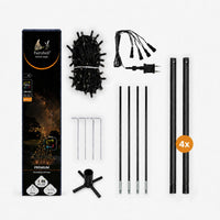 Doosinhoud Fairybell Premium 2 meter All-Surface: lichtnet, verdeelkabel met stekker, voet, haringen, staven en 4 mastdelen