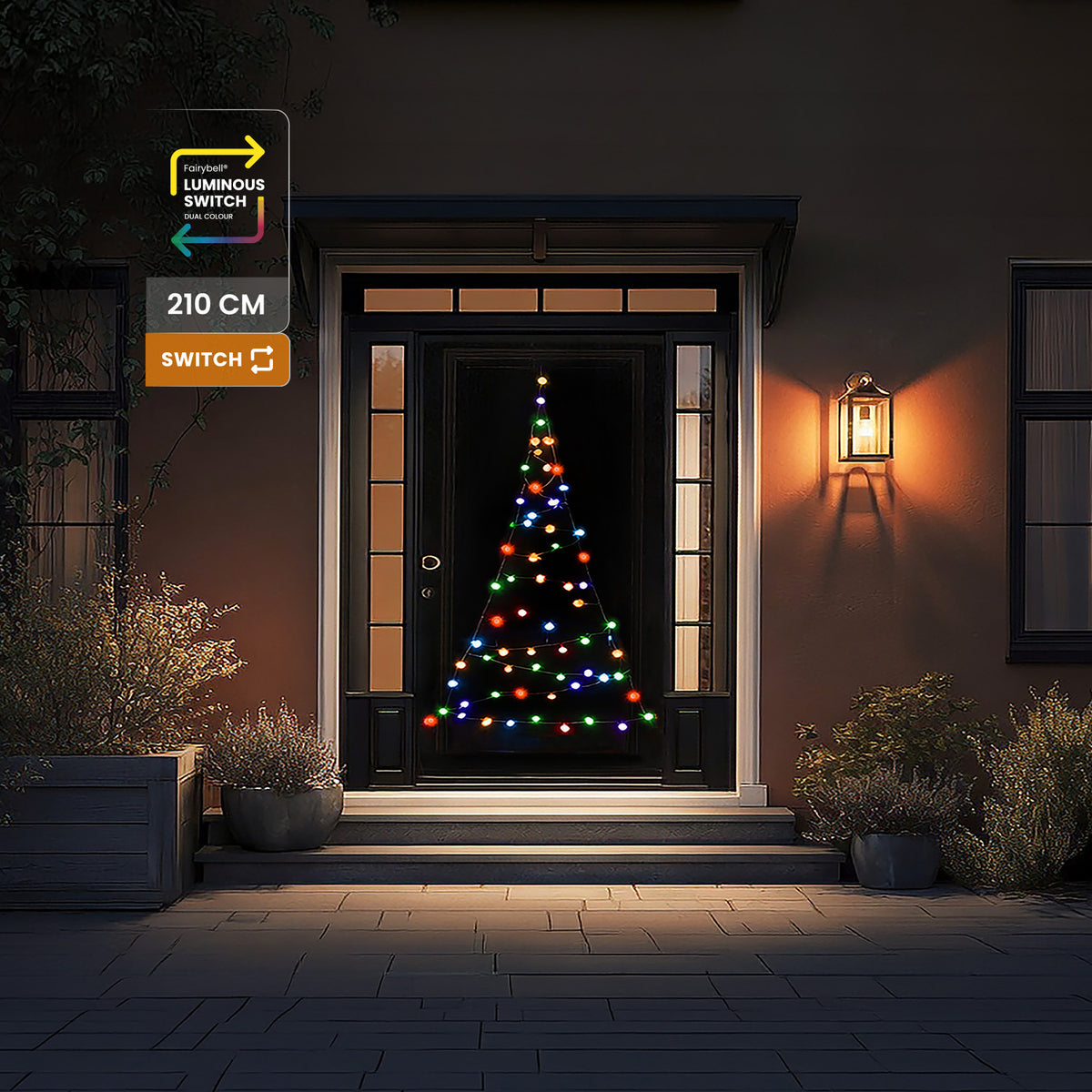 Labels for 210 cm and Luminous Switch beside the multicolour Fairybell Premium Door Tree 2.1 metre on a front door