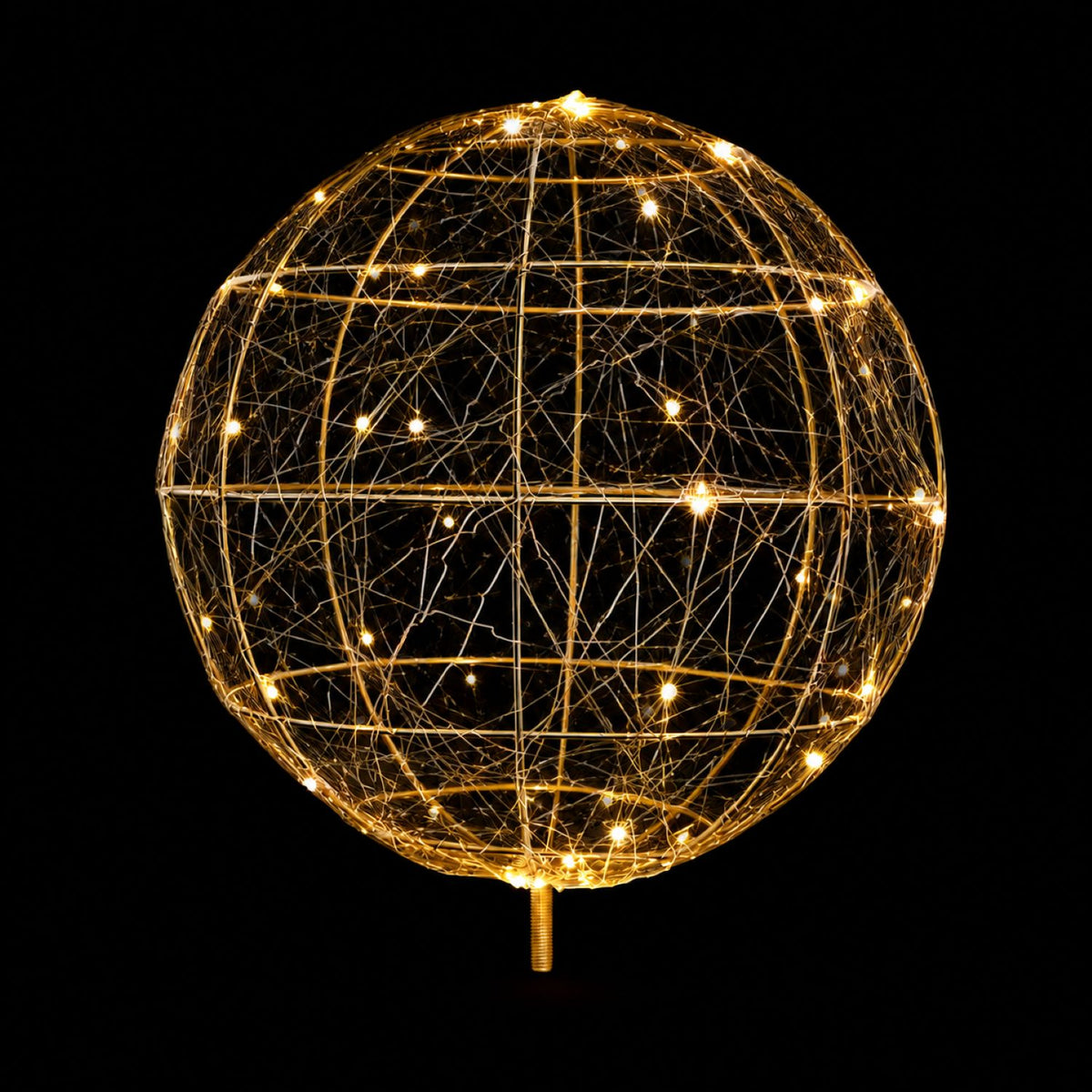 Fairybell gold topper ball with warm white lights in a wire frame against a black background