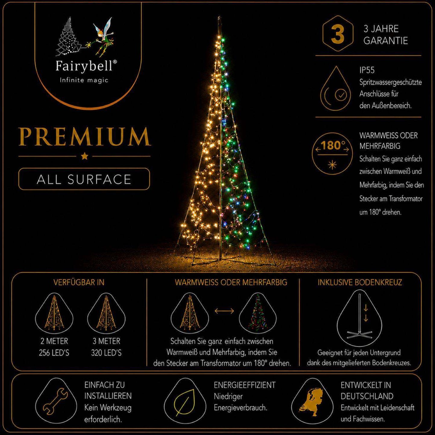 Fairybell Premium | 3 metre | 320 LED lights | Including pole | Luminous Switch | All Surface