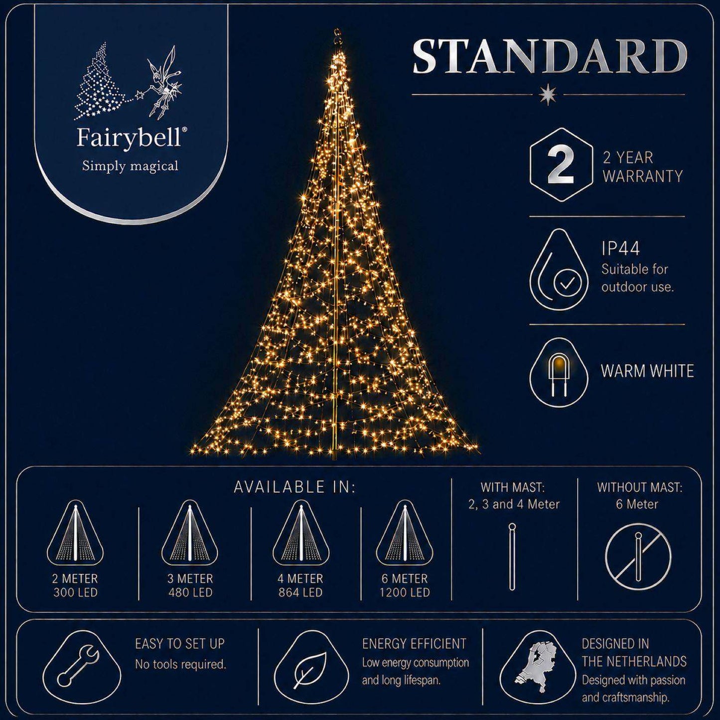 Fairybell Standard | 2 metres | 300 LED lights | Includes pole | Warm white |